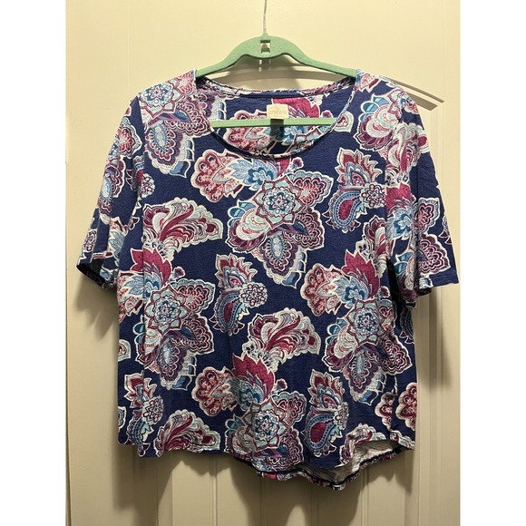 Chico's 2 Paisley Print Tee Top Blue Pink Floral Summer Travel Shirt M - Picture 1 of 6